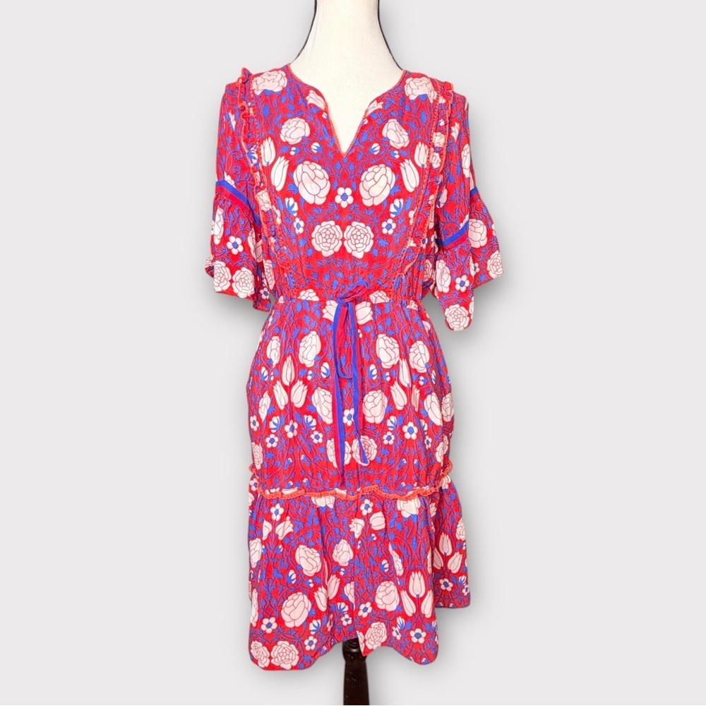 Rungolee red blue flower print crochet trim dress